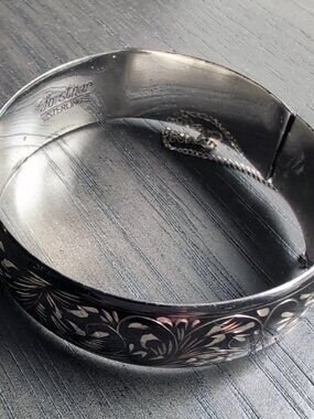 Vintage FORSTNER Black Silver Sterling  Floral Hinged Engraved Bangle Bracelet